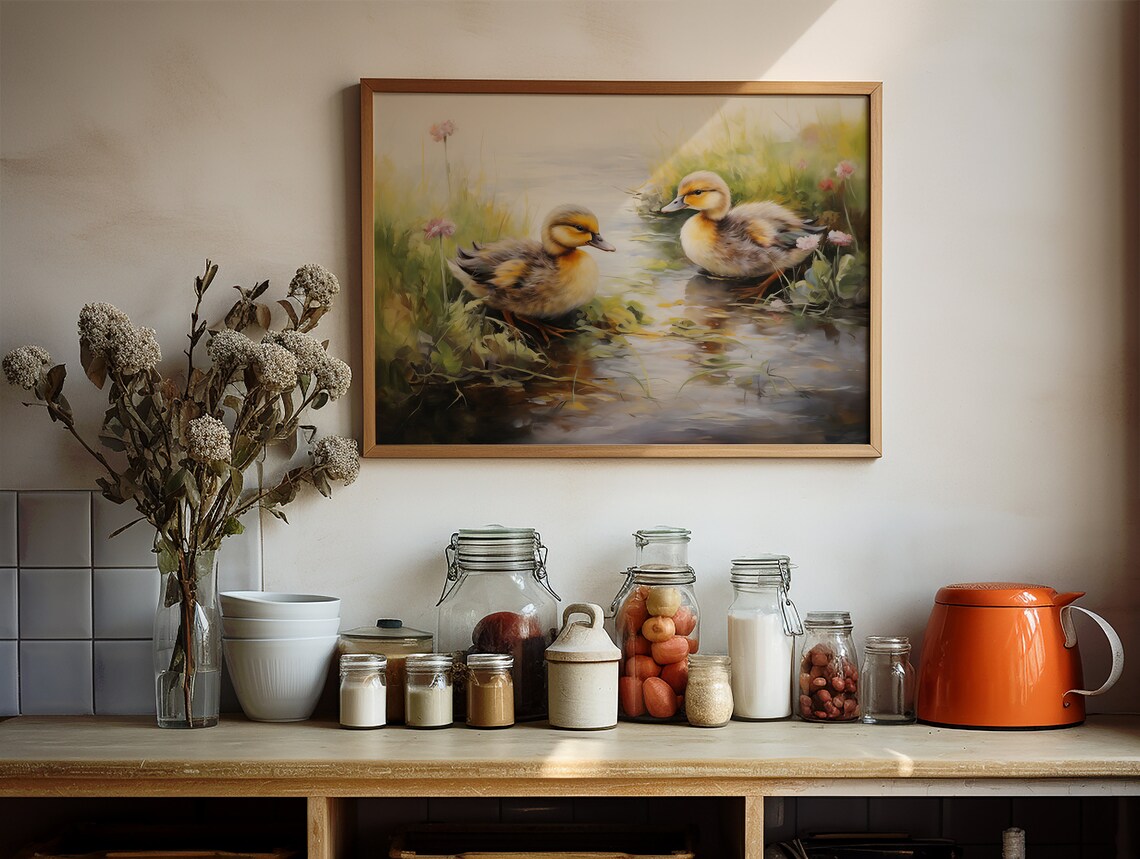 Two Ducklings at a Pond Edge Spring Wildflowers Vintage Art Poster - Image 2