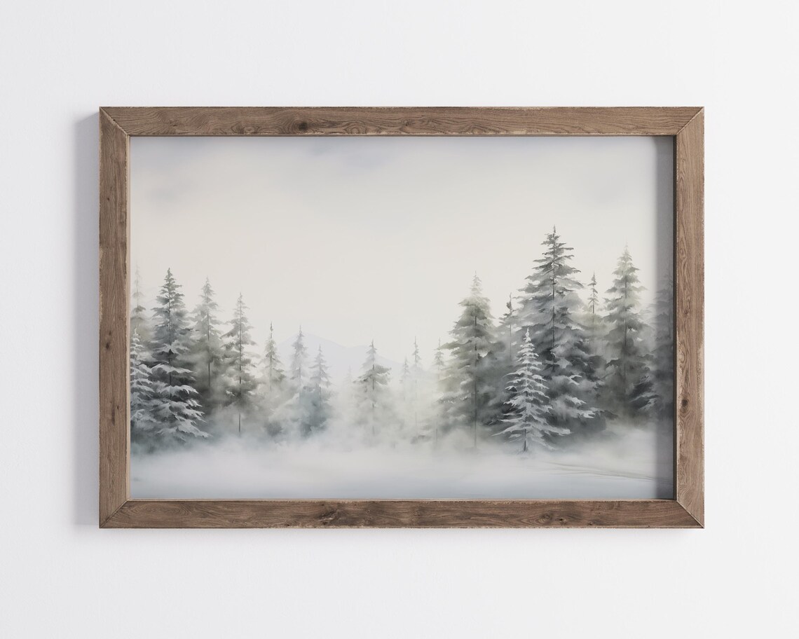 Serene Misty Snowy Pine Forest Winter Watercolor Landscape Poster - Image 3