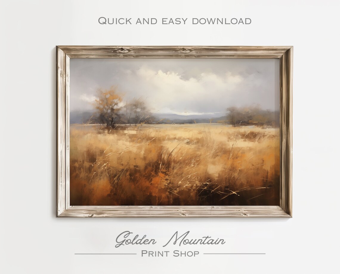Golden Autumn Grassland Under Moody Gray Sky Textured Field Poster - Image 2