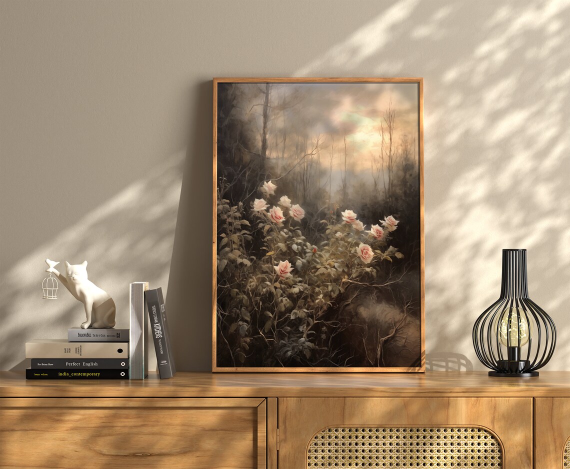 Pale Pink Roses Dark Forest Dusk Moody Antique Decor Wall Art - Image 3