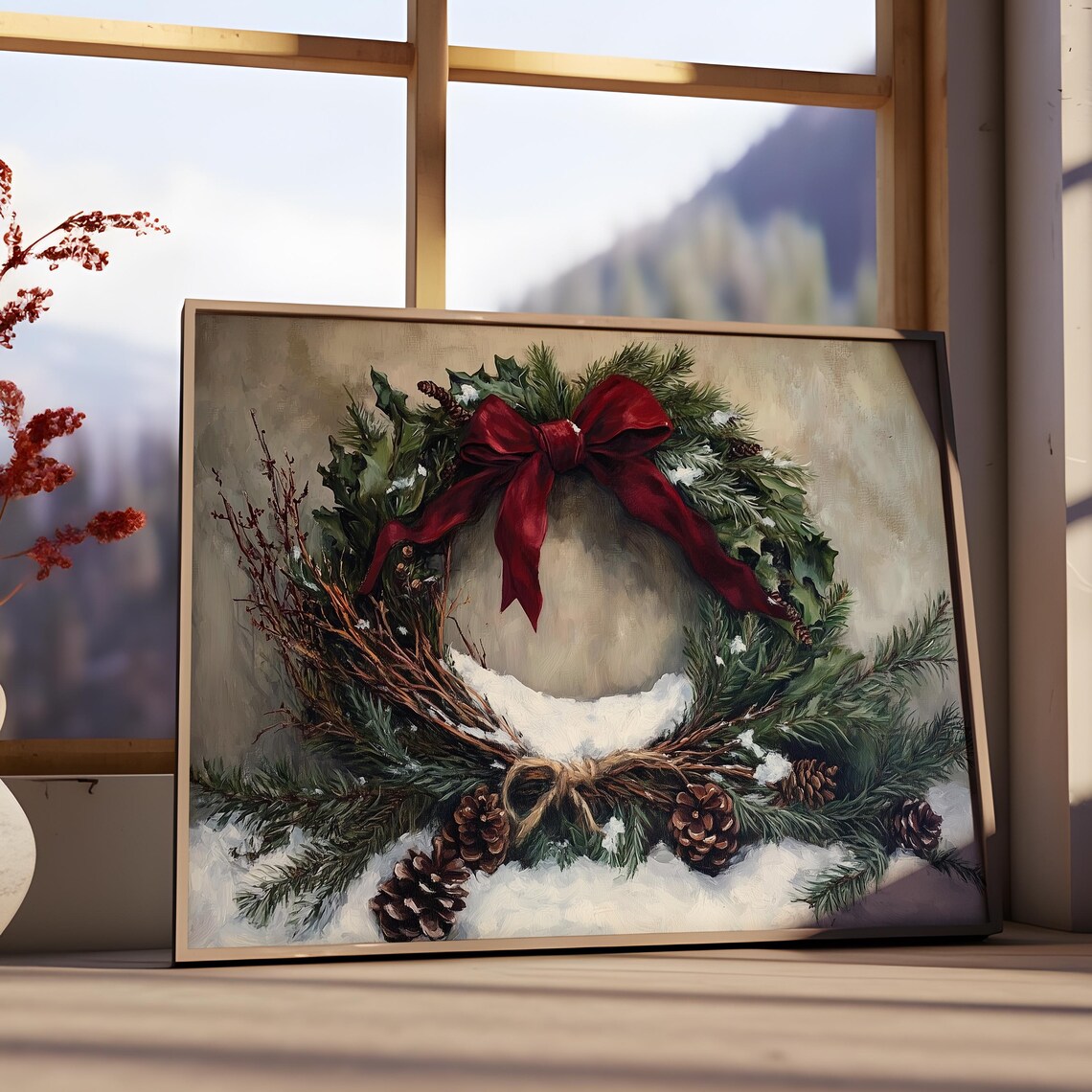 Rustic Twig Wreath Red Ribbon Snowy Pine Vintage Christmas Poster - Image 3