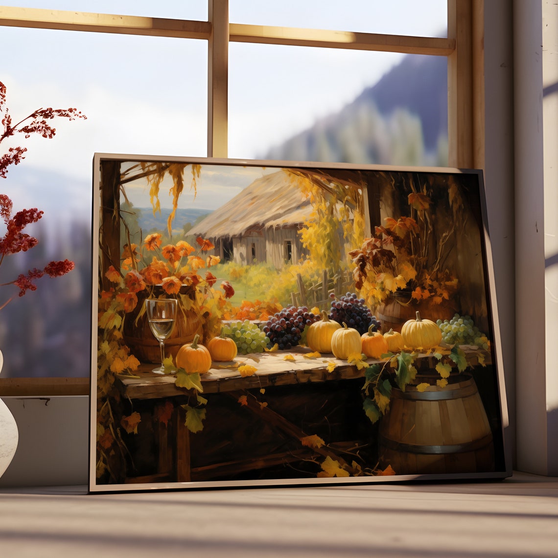 Autumn Farm Harvest Pumpkins Grapes Barn Window Still Life Wall Art - Image 3