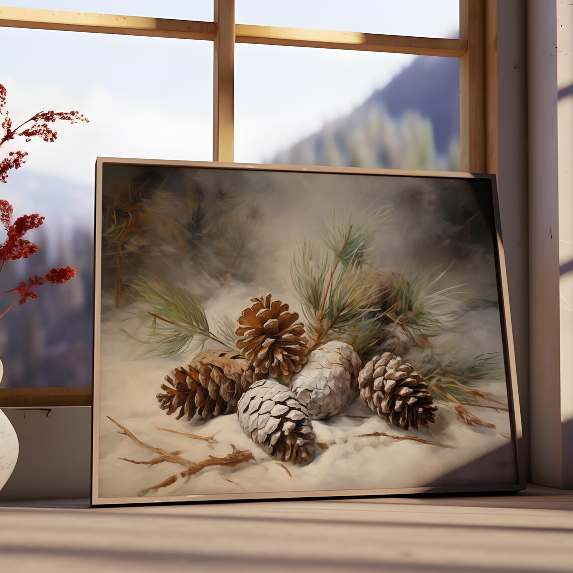 Snowy Pinecones And Pine Boughs In Misty Winter Still Life Poster - Image 3