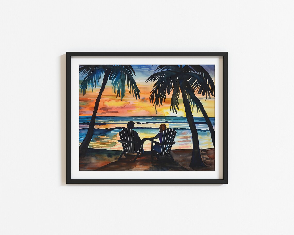 Couple in Adirondack Chairs Tropical Beach Sunset Watercolor Poster - Image 3