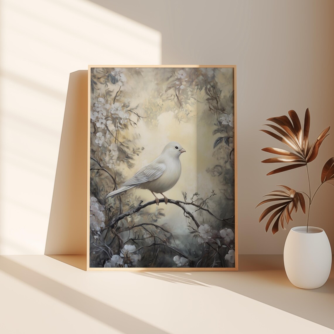 White Dove Bird on Blossom Branch Misty Floral Vintage Spring Poster - Image 3
