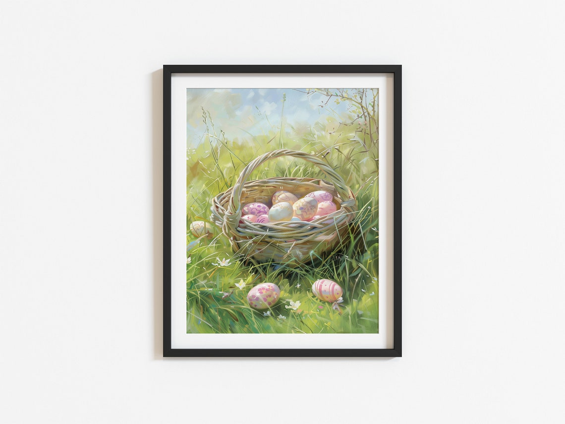 Pastel Painted Easter Eggs Basket in Spring Meadow Art Poster - Image 2