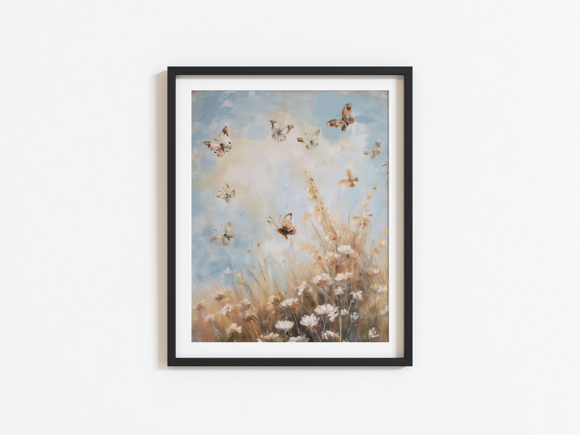 Butterflies Wildflower Meadow Warm Spring Pastel Decor Wall Art - Image 2