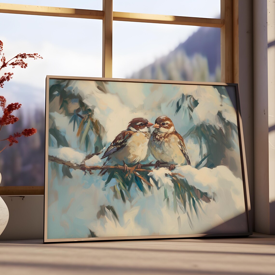 Snowy Christmas Wall Art Winter Nature Bird Christmas Oil Painting Winter Art Christmas Decor Nature Wall Art Winter Forest Print - Image 3