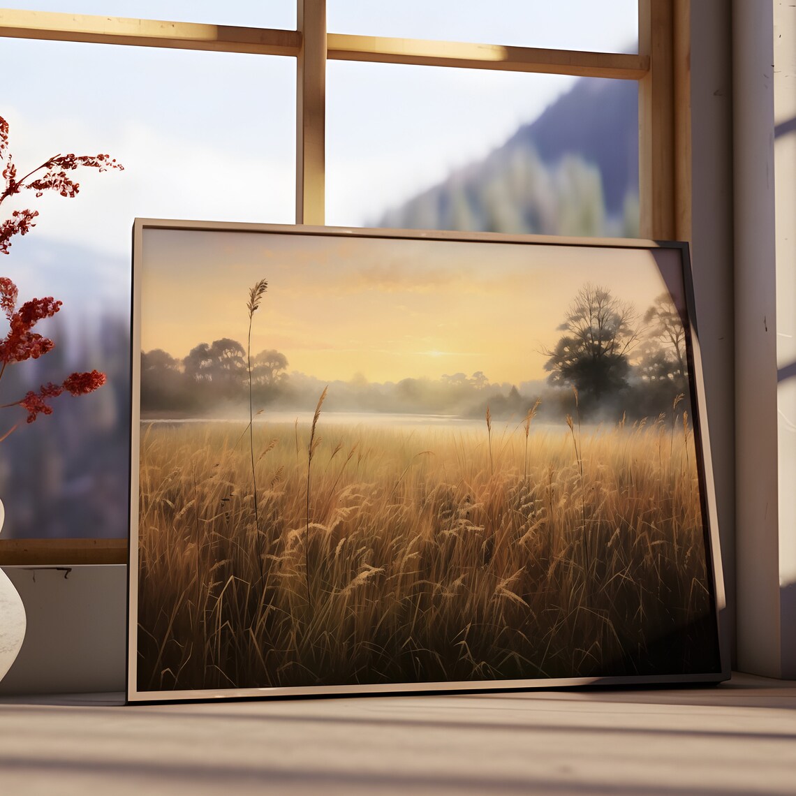 Golden Wheat Field Misty Sunrise Autumn Landscape Painting Poster - Image 2