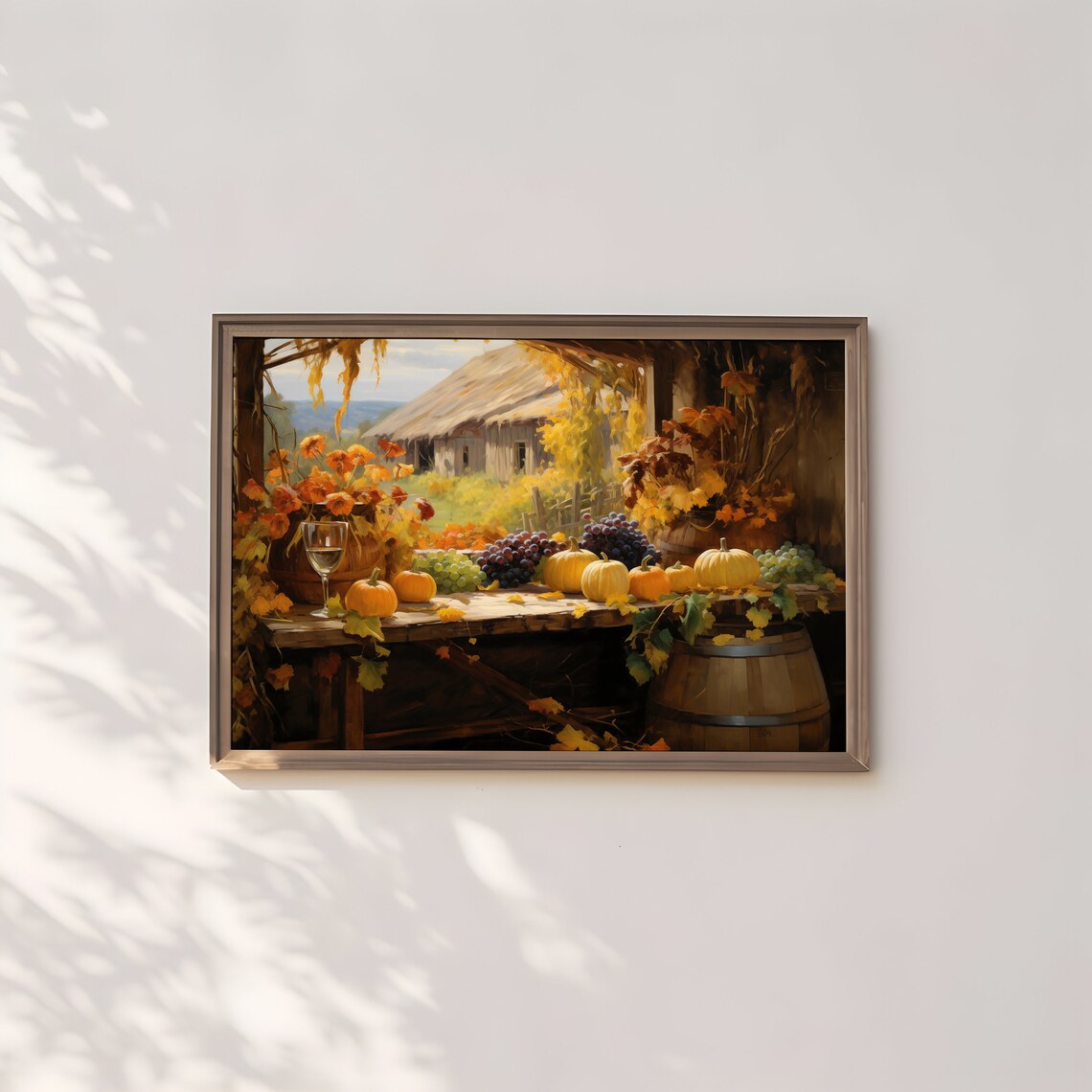 Autumn Farm Harvest Pumpkins Grapes Barn Window Still Life Wall Art - Image 2