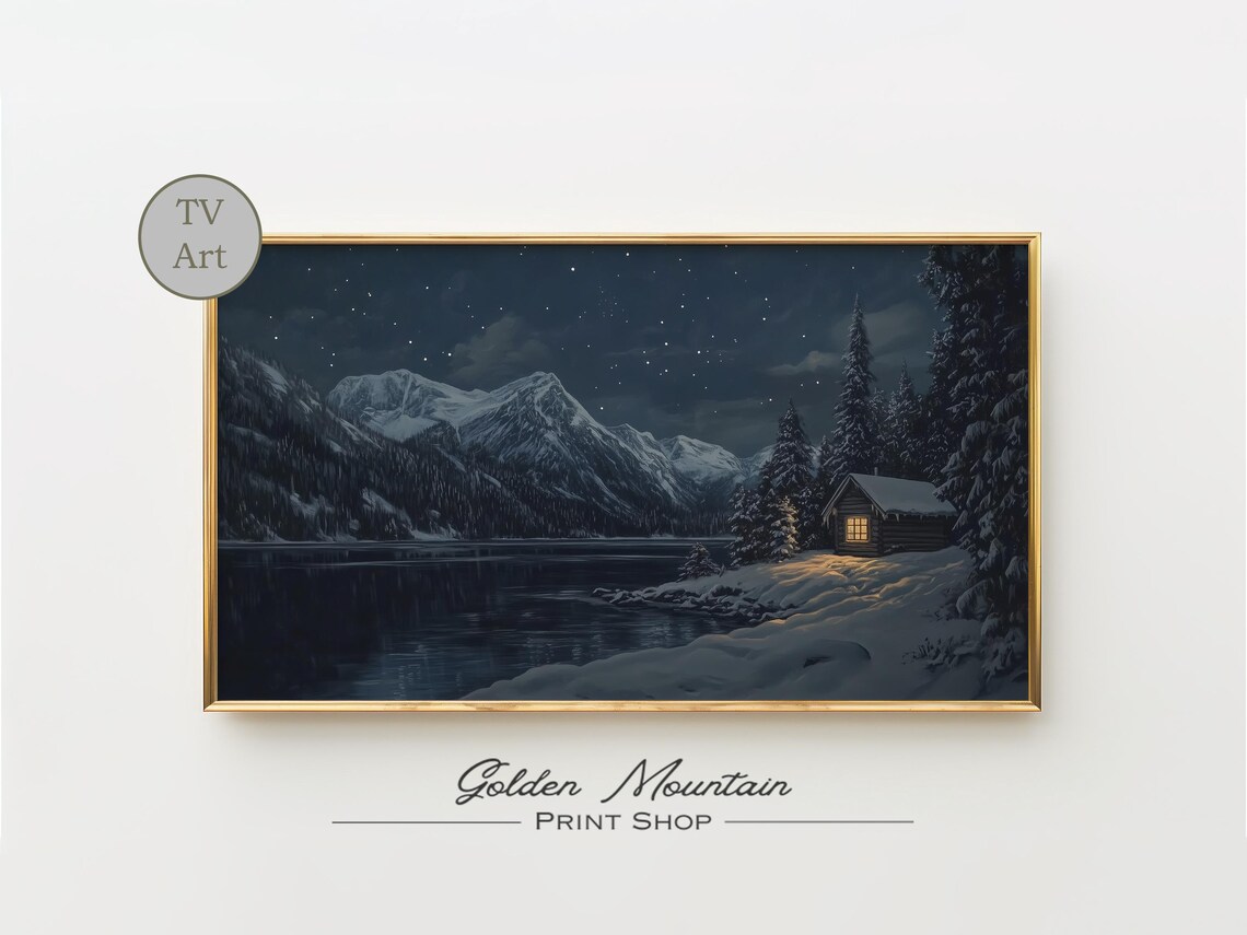 Starry Night Mountain Lake Cabin Snowy Winter Landscape Wall Art
