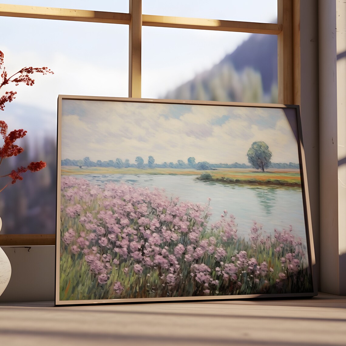 Purple Lavender Wildflowers By River Blue Sky Summer Meadow Oil Painting Poster - Image 3