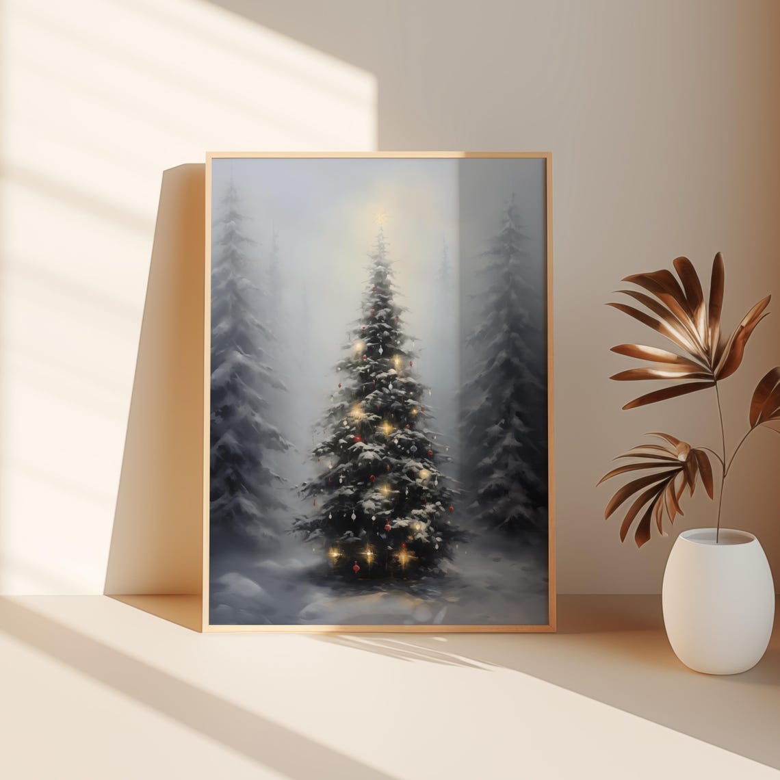 Luminous Snowy Christmas Tree Golden Glow Winter Forest Poster - Image 2