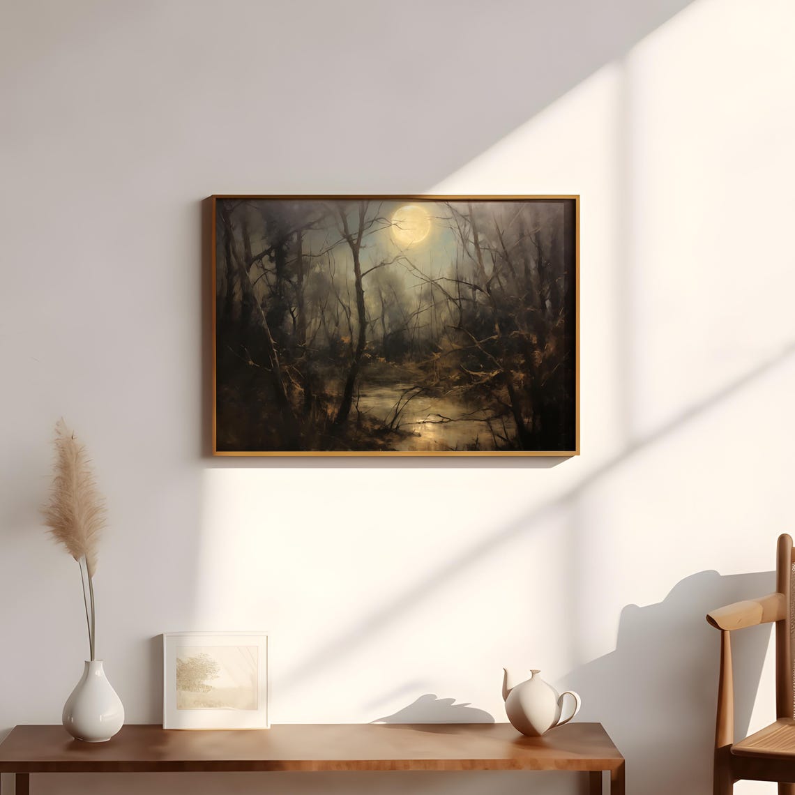 Full Moon Night Forest Bare Trees Pond Moody Autumn Woods Poster - Image 2