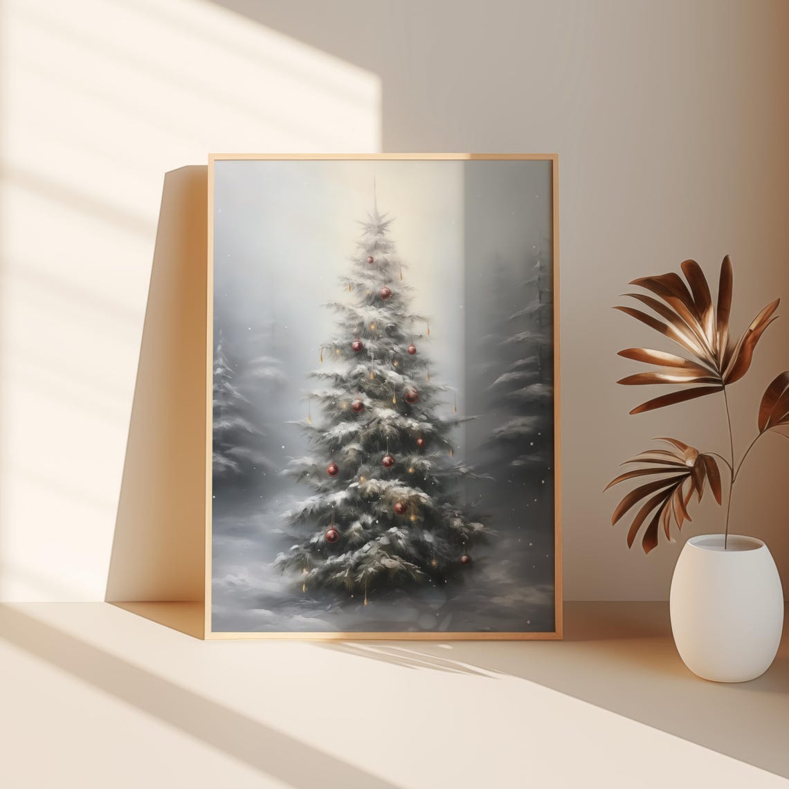Snowy Christmas Tree Burgundy Baubles Elegant Chic Winter Poster - Image 3