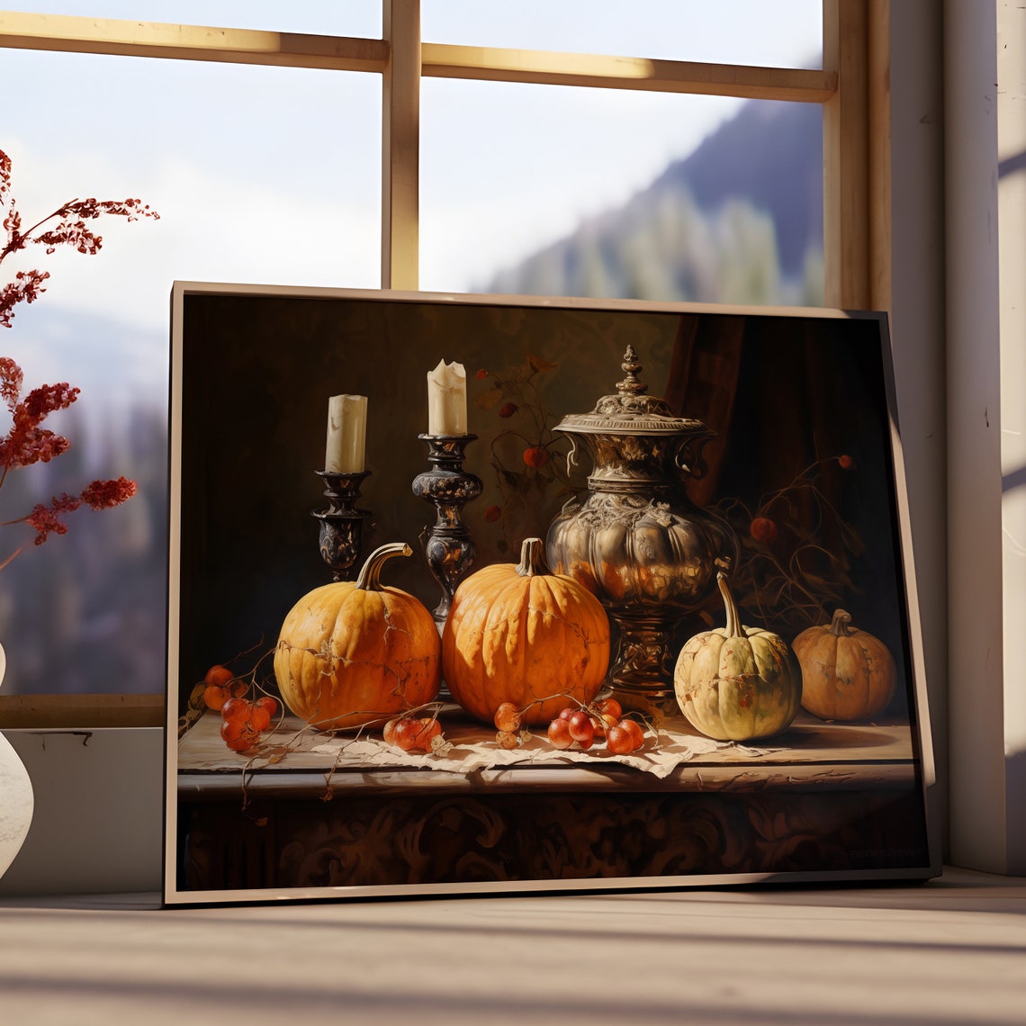 Moody Autumn Still Life With Pumpkins Candles And Silver Urn Poster - Image 3