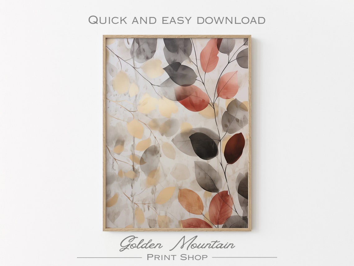 Abstract Watercolor Branches Gray Gold Rust Leaves Botanical Poster - Image 3