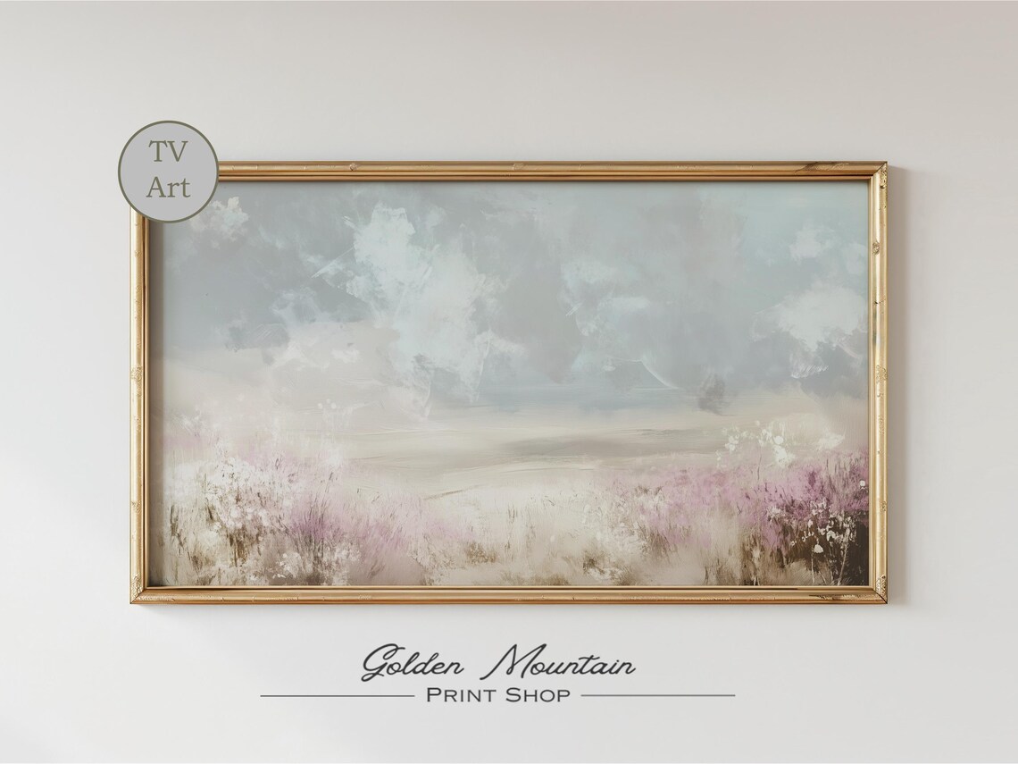 Abstract Pastel Field With Pink Blossoms Under Cloudy Sky Soft Art Poster - Image 2