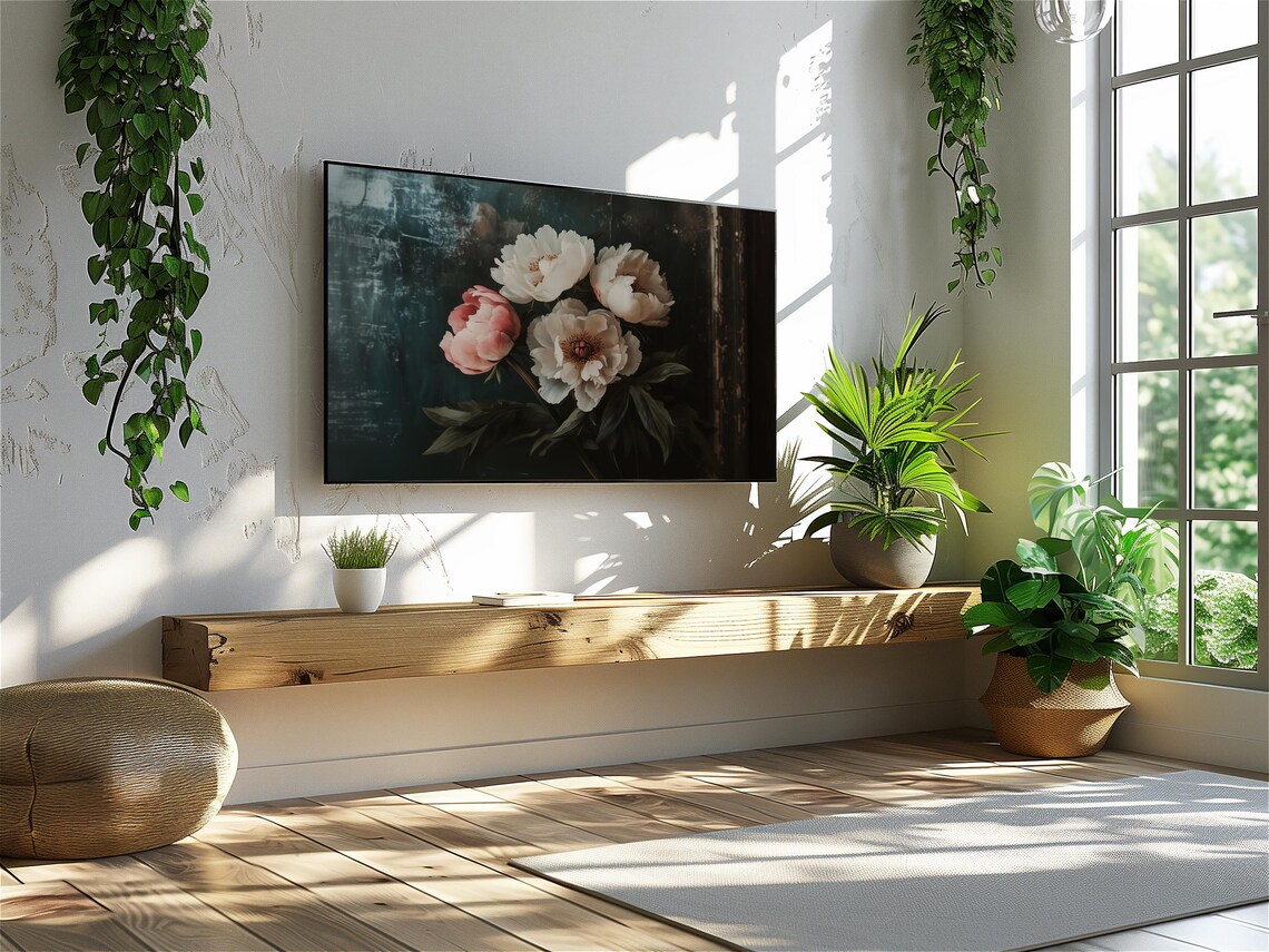 White Pink Peony Bouquet On Dark Teal Moody Vintage Floral Poster - Image 3