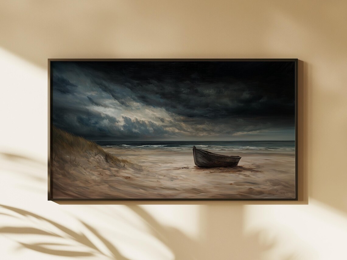 Lone Wooden Boat on Stormy Beach Dark Moody Coastal Scene Poster - Image 2