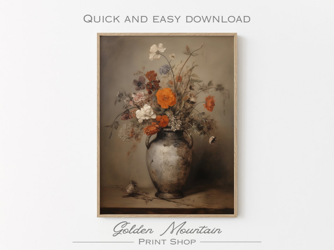 Moody Flower Painting Vintage Floral Print Wall Art Antique Art Print Farmhouse Wall Art Dark Botanical Oil Painting - Image 3