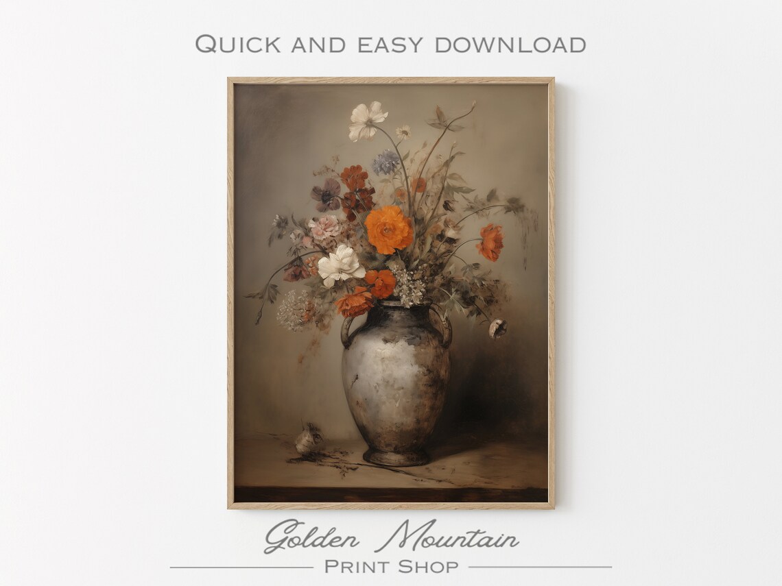 Orange Poppies Wildflower Bouquet Antique Urn Still Life Poster - Image 3