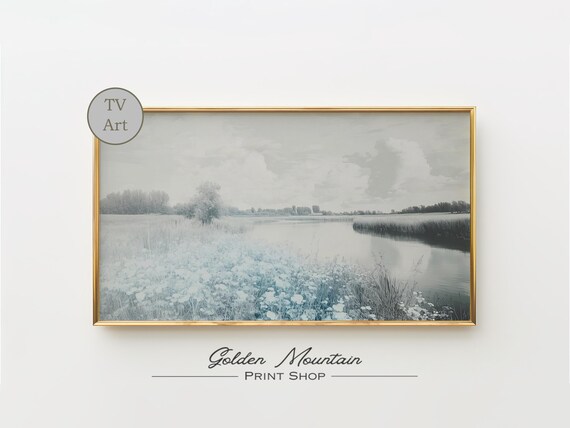 Blue Wildflower Meadow River Soft Neutral Serene Landscape Poster