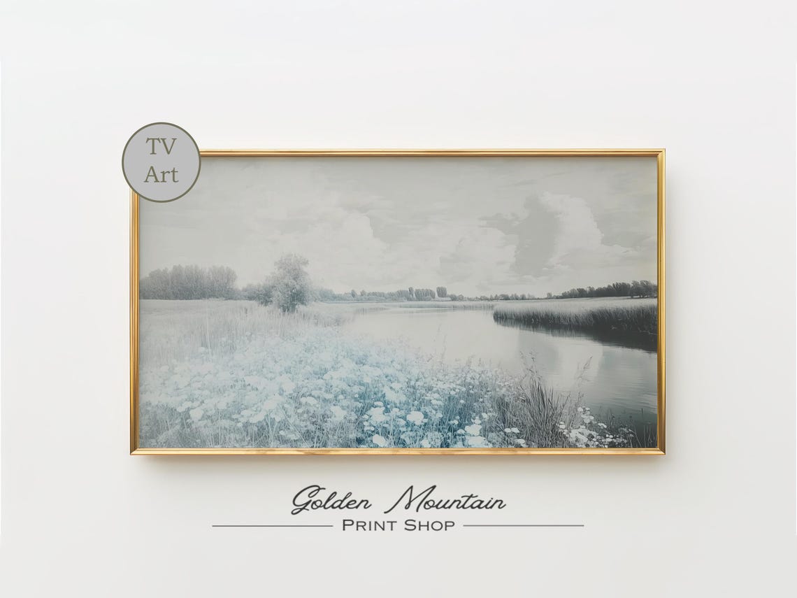 Blue Wildflower Meadow River Soft Neutral Serene Landscape Poster
