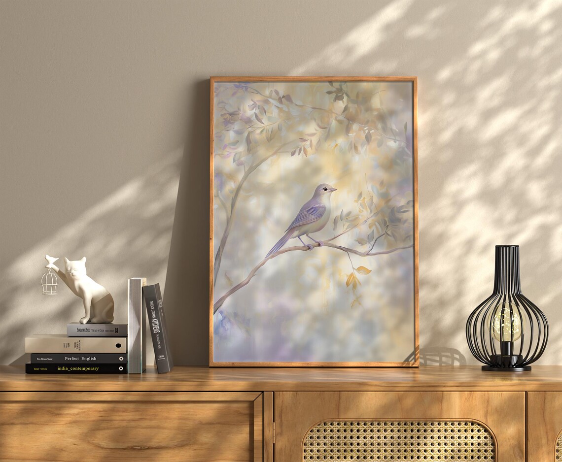Blue Songbird on Flowering Branch Pastel Watercolor Spring Bird Poster - Image 2