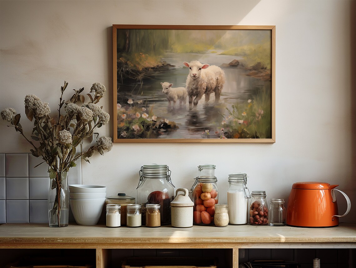Lambs Wading Forest Stream Spring Country Oil Painting Wall Art - Image 3