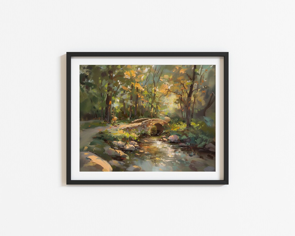Stone Bridge Over Autumn Stream Sunlit Woodland Painting Wall Art - Image 2