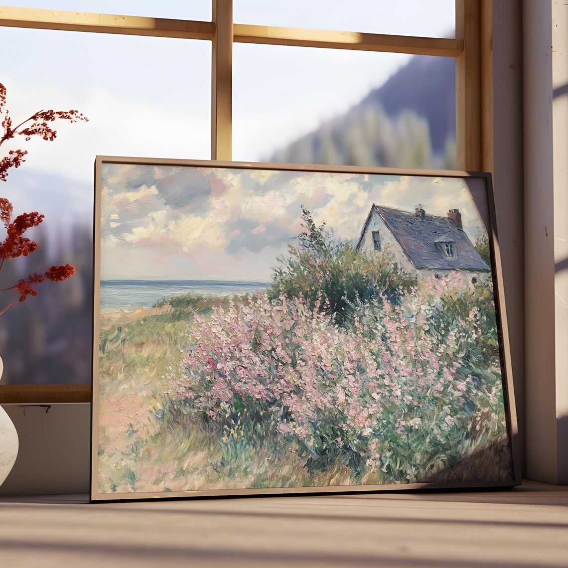 Seaside Cottage Pink Blossom Bush Ocean View Vintage Oil Poster - Image 3