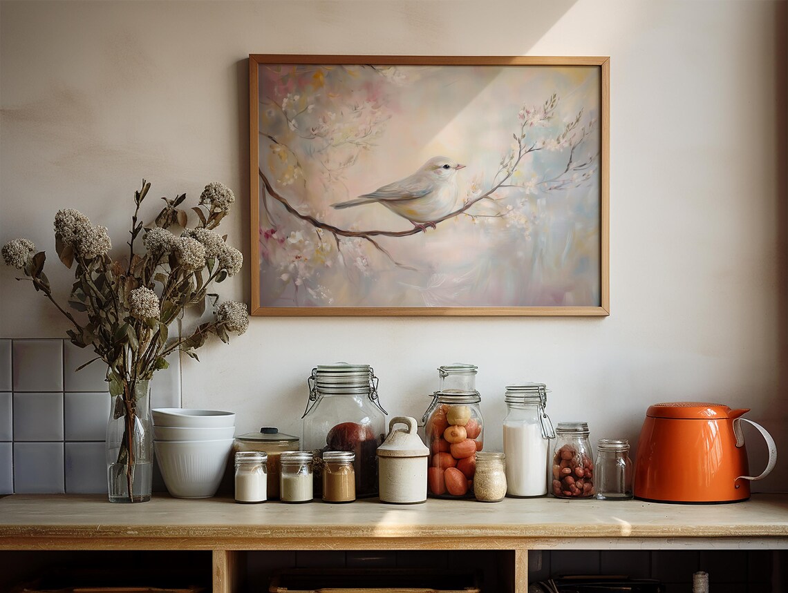 White Songbird On Blossom Branch Dreamy Pastel Spring Watercolor Poster Art - Image 2