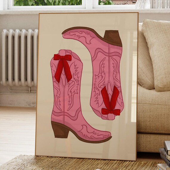 Pink Cowboy Boots With Red Bows Western Chic Boho Wall Decor Poster