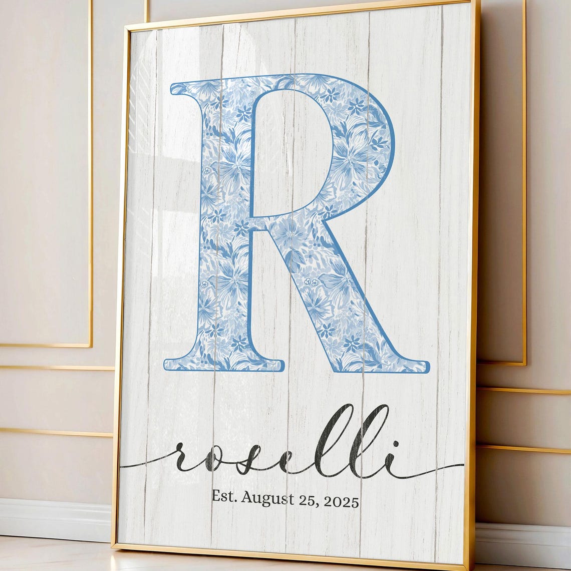 Personalized Blue Floral Initial Name Est Date Family Art Poster