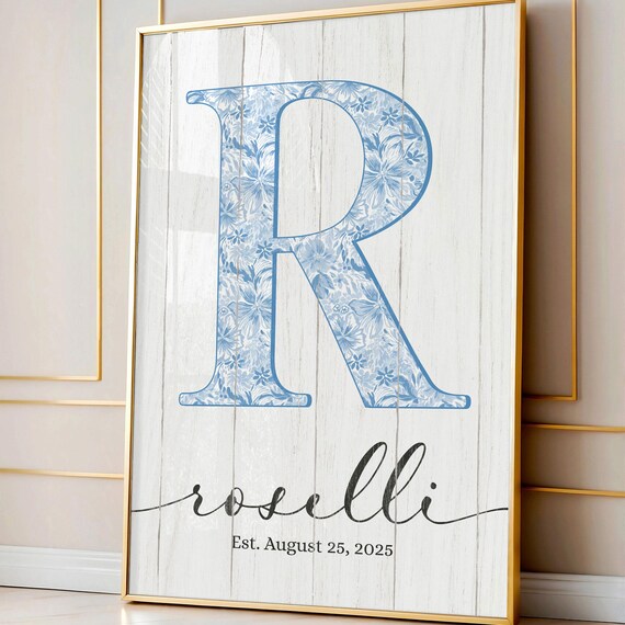 Personalized Blue Floral Initial Name Est Date Family Art Poster