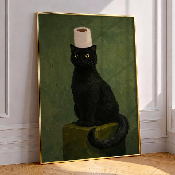 Black Cat With Toilet Paper, Funny Bathroom Wall Art