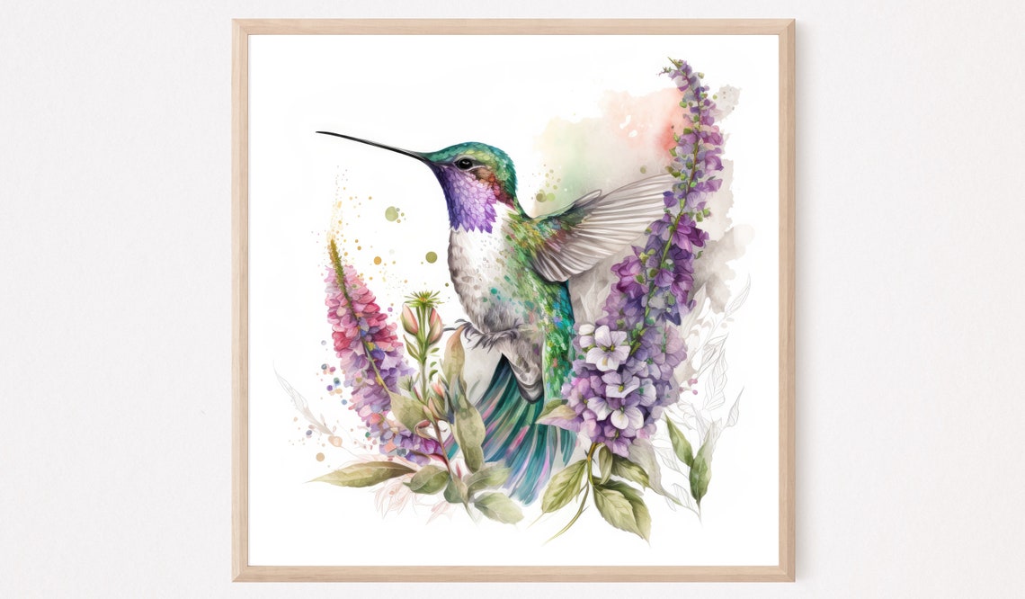 Hummingbird And Purple Wildflowers Watercolor Botanical Bird Print