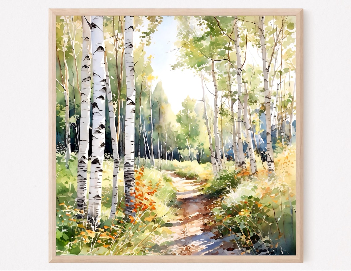 Birch Forest Watercolor Print, Autumn Landscape