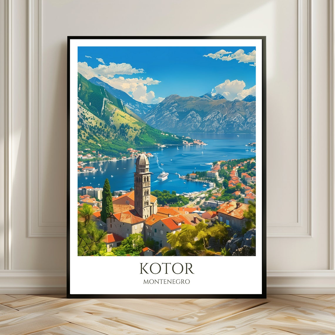 Kotor Bay Montenegro Old Town Church Tower Adriatic Travel Poster
