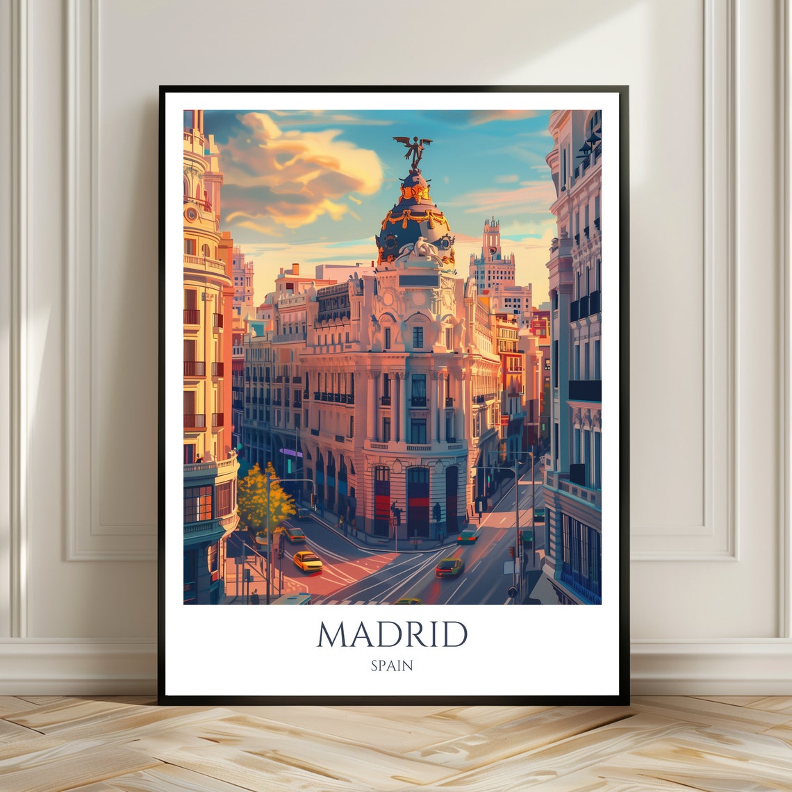 Madrid Metropolis Building Gran Via Sunset Spain Travel Poster