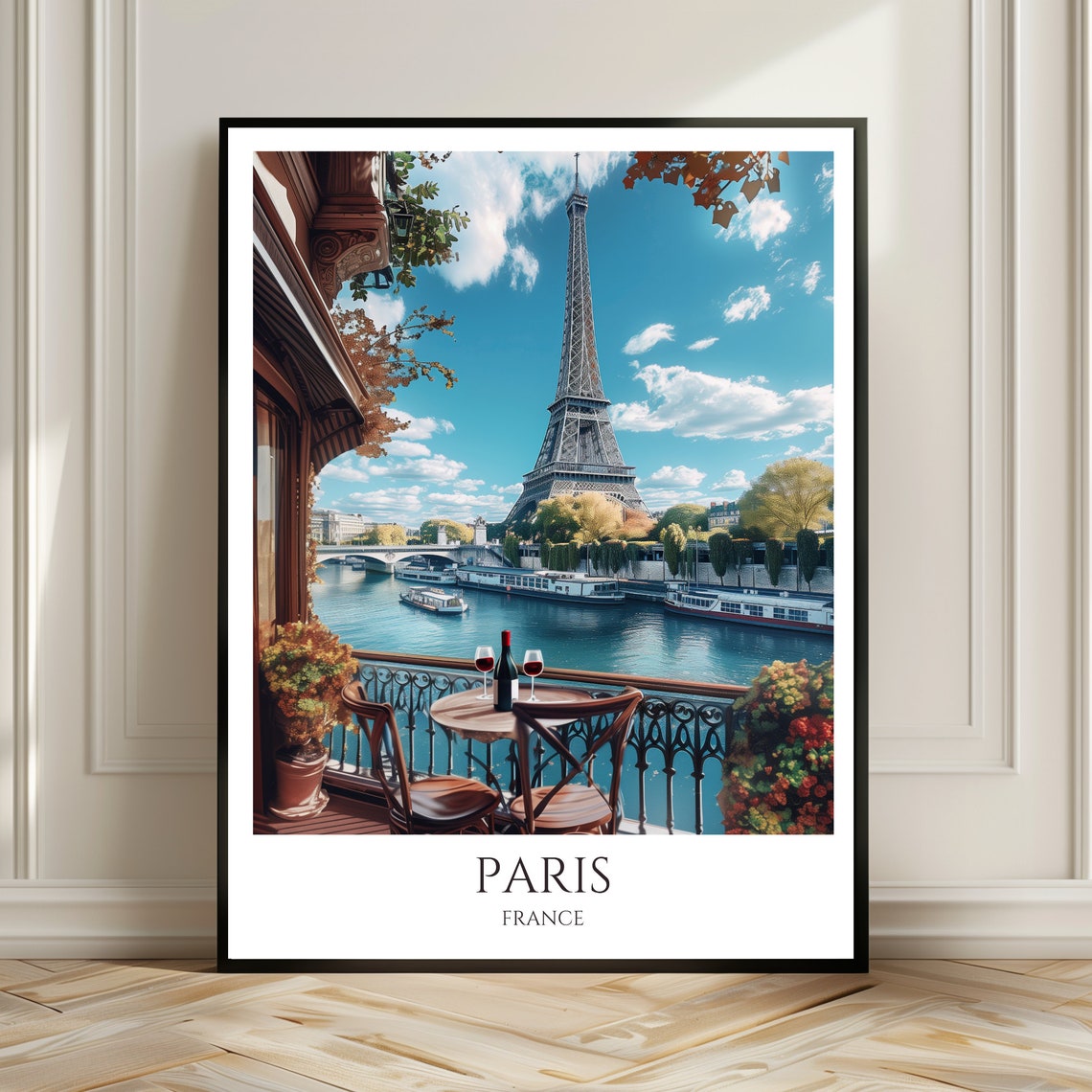 Paris Eiffel Tower Balcony Wine View Seine France Travel Poster