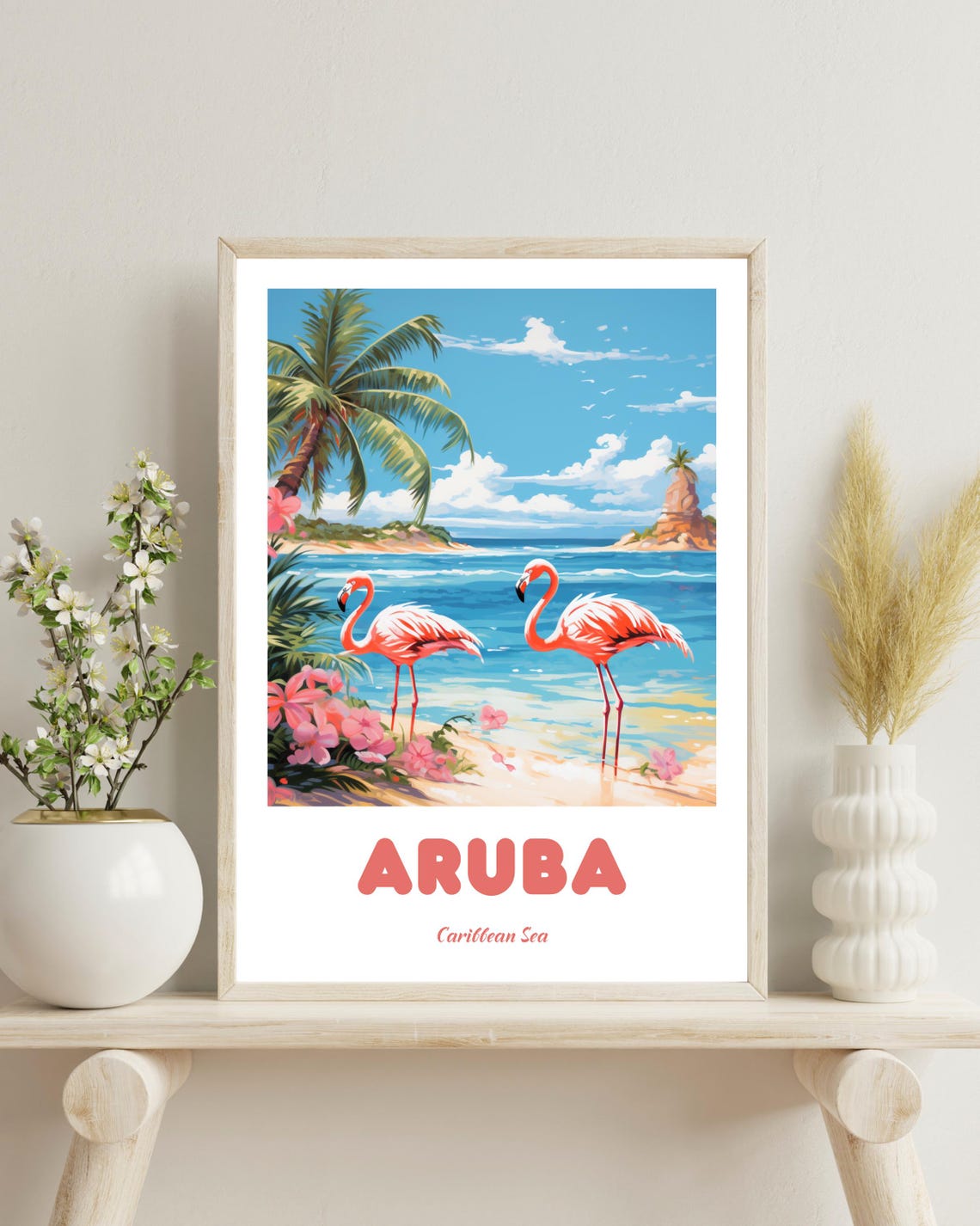 Aruba Flamingo Beach, Traditional Travel Poster