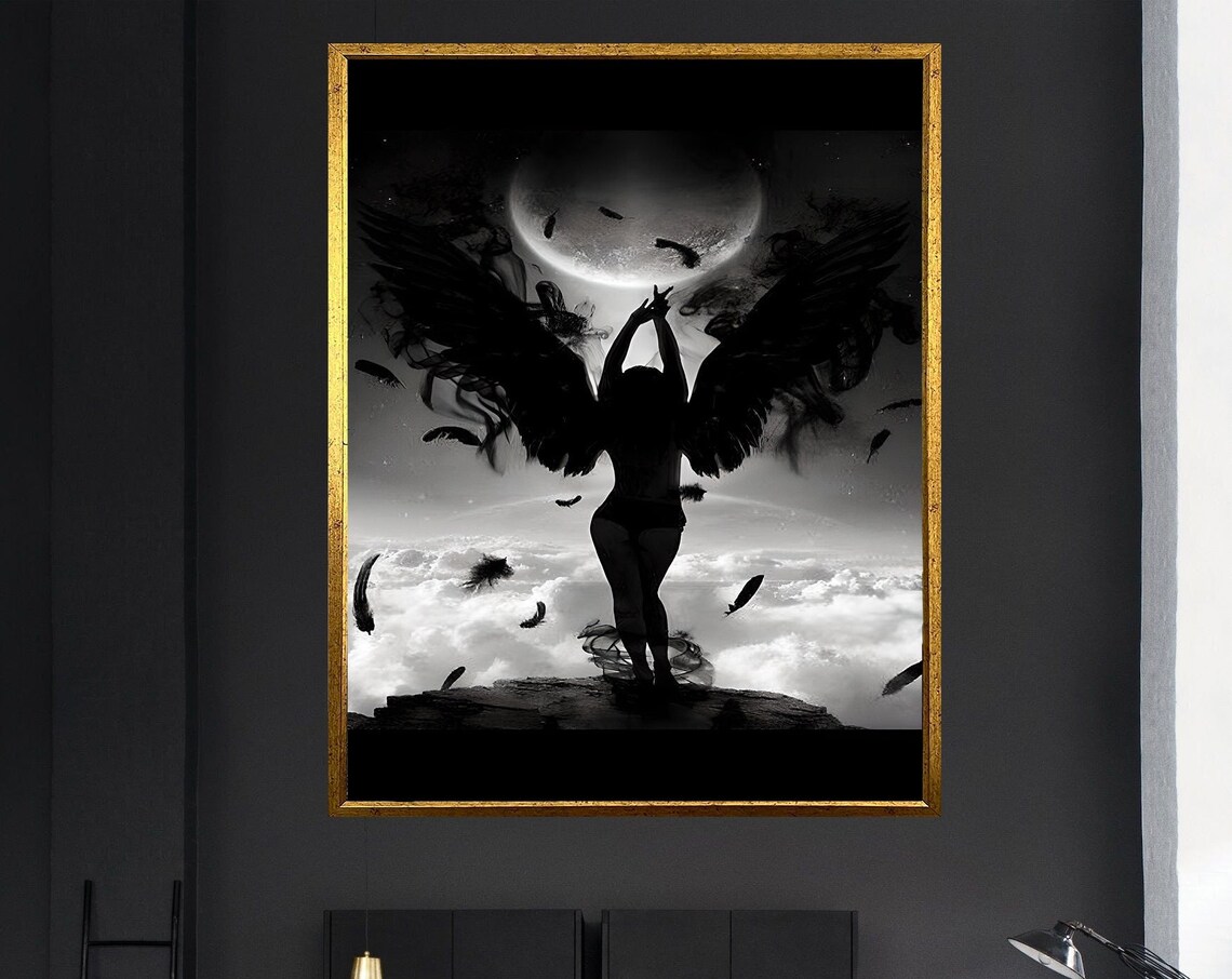 Black Winged Angel Woman Full Moon Dramatic Fantasy Night Poster