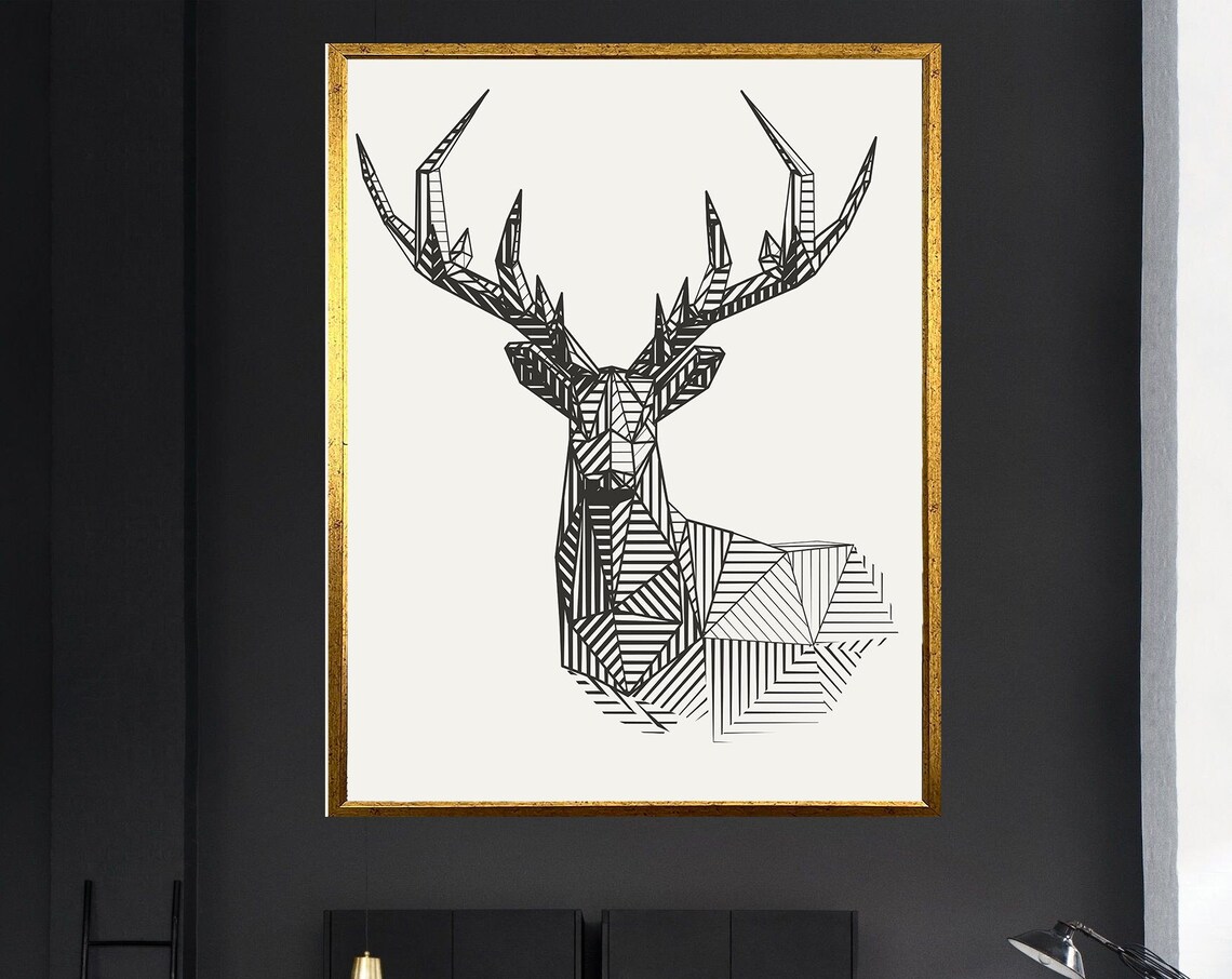 Geometric Stag Head Striped Line Art Minimalist Black White Deer Poster