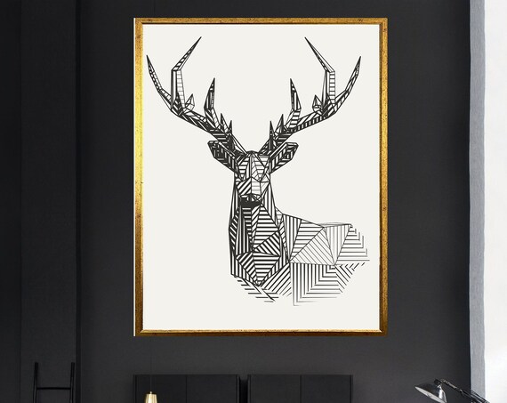 Geometric Stag Head Striped Line Art Minimalist Black White Deer Poster