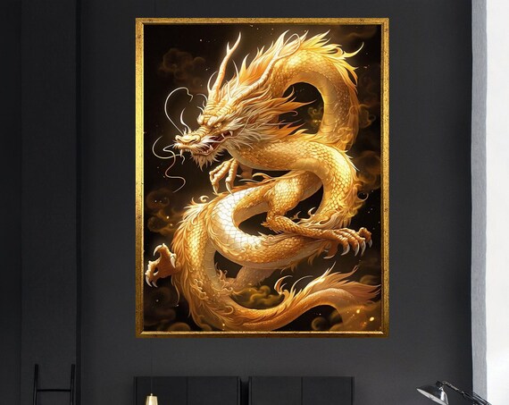 Golden Dragon Print Mythological Monsters Wall Decor Far Eastern Mythology Ready To Hang Wall Decor