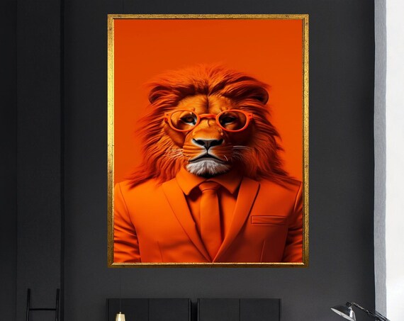 Lion in Orange Suit Glasses Painting Funny Animal Portrait Pop Wall Poster