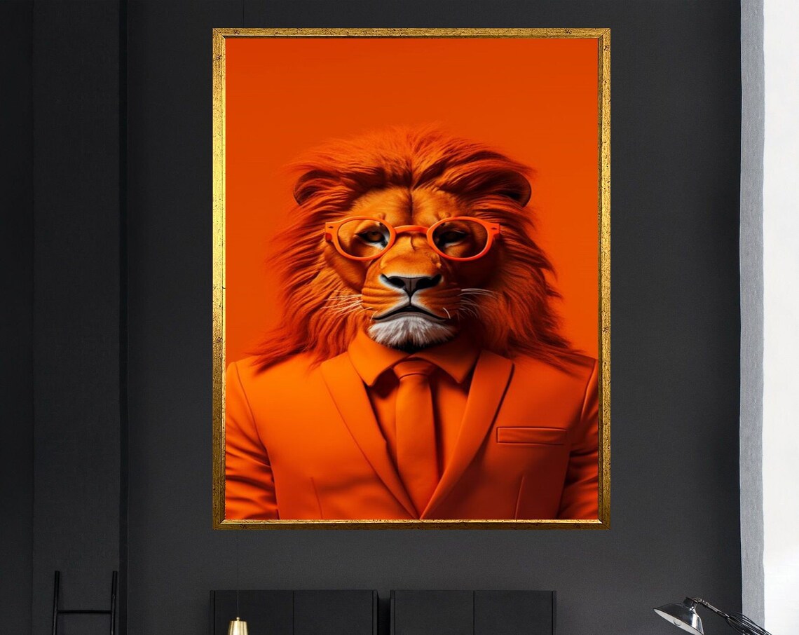 Lion in Orange Suit Glasses Painting Funny Animal Portrait Pop Wall Poster