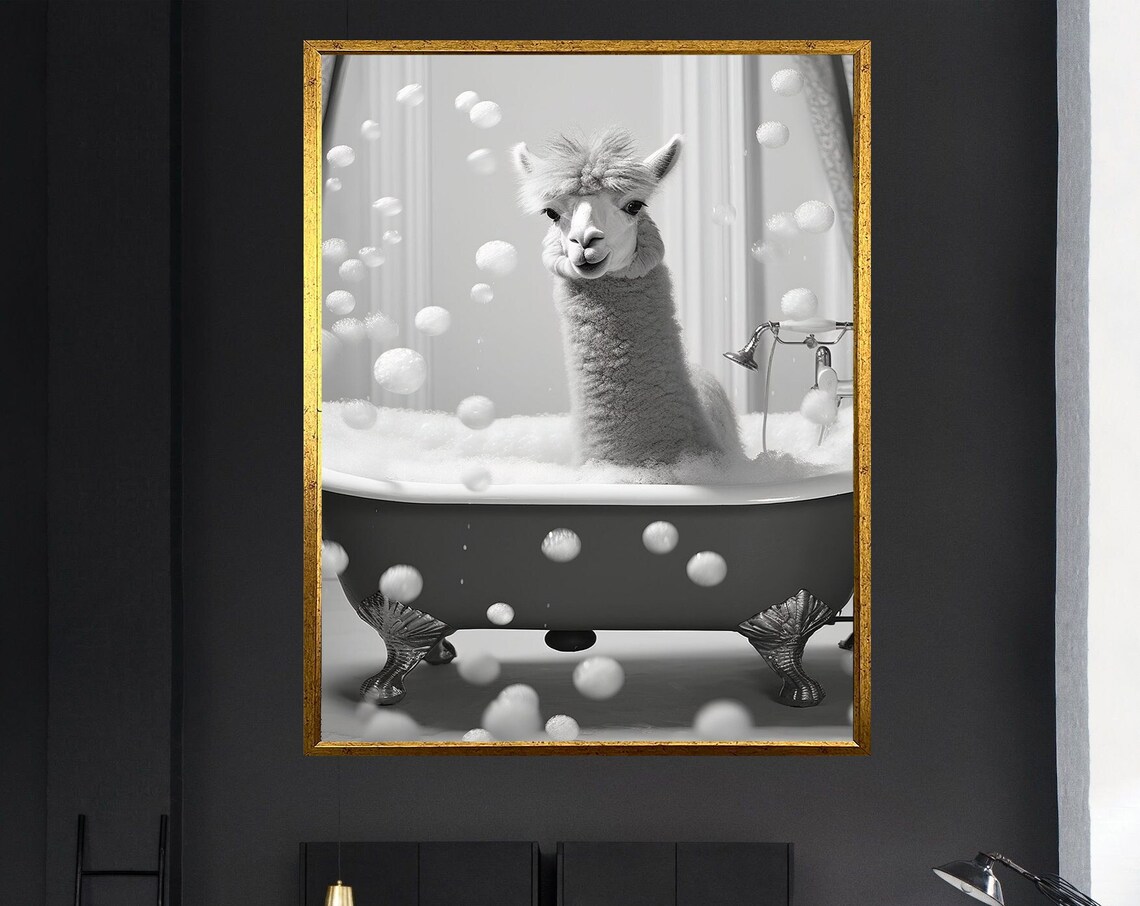 Cute Llama In Vintage Clawfoot Bathtub With Bubbles Funny Animal Wall Art